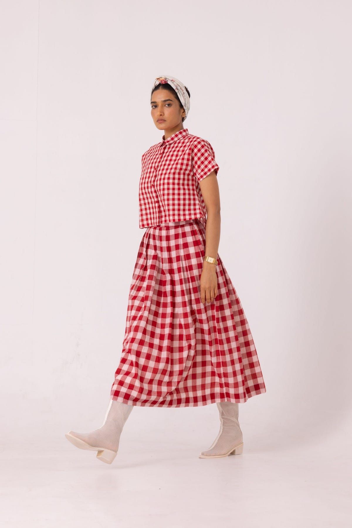June Red Checkered Handwoven Skirt - image 6
