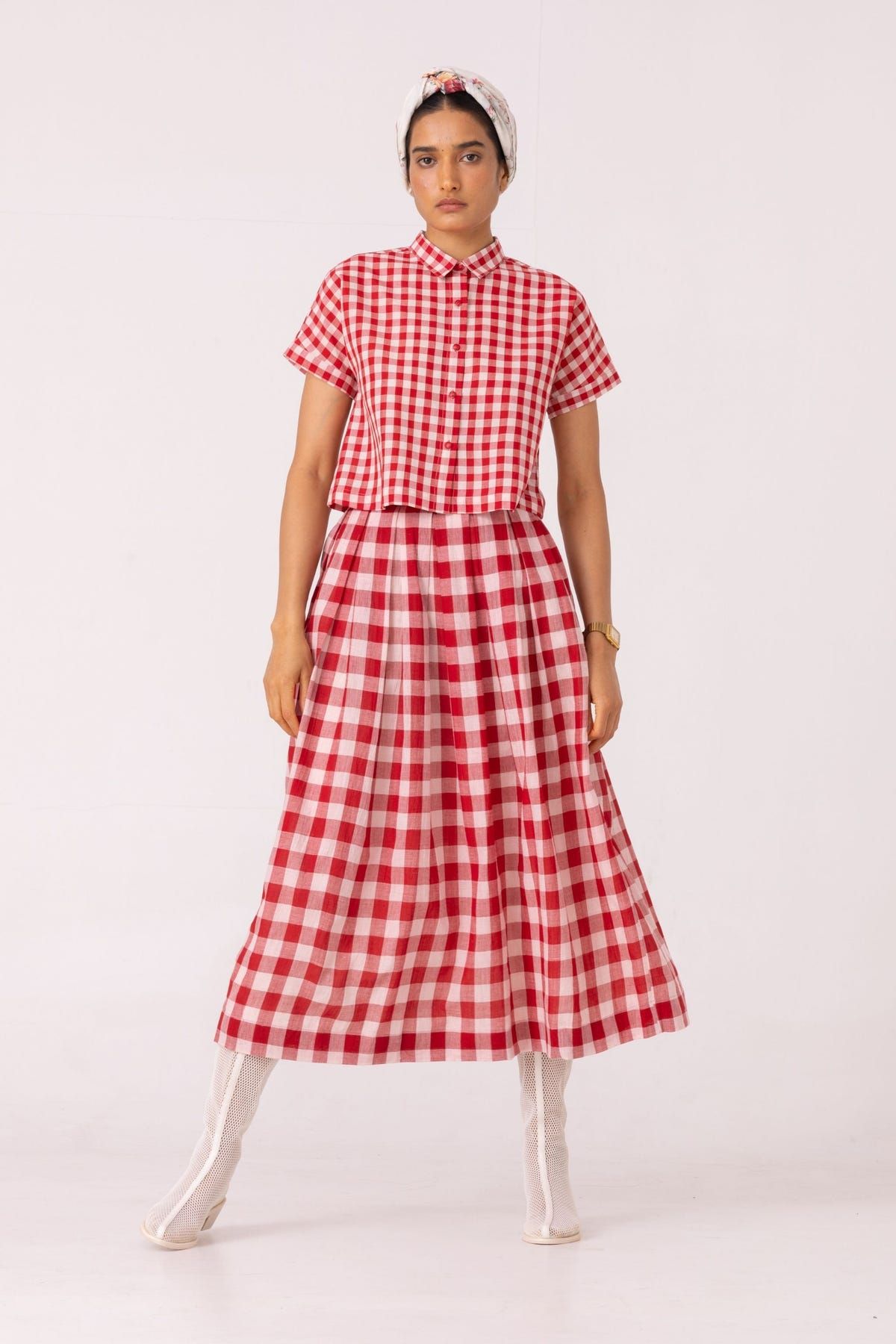 June Red Checkered Handwoven Skirt - image 7