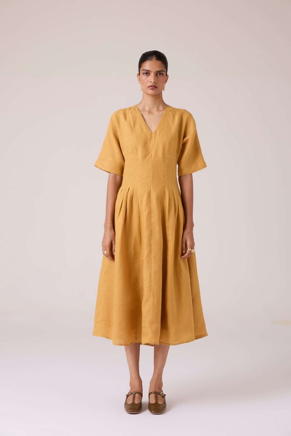 The Summer House — Selene Mustard Linen Dress