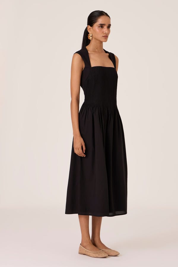 The Summer House — Ziva Black Pleated Midi Dress