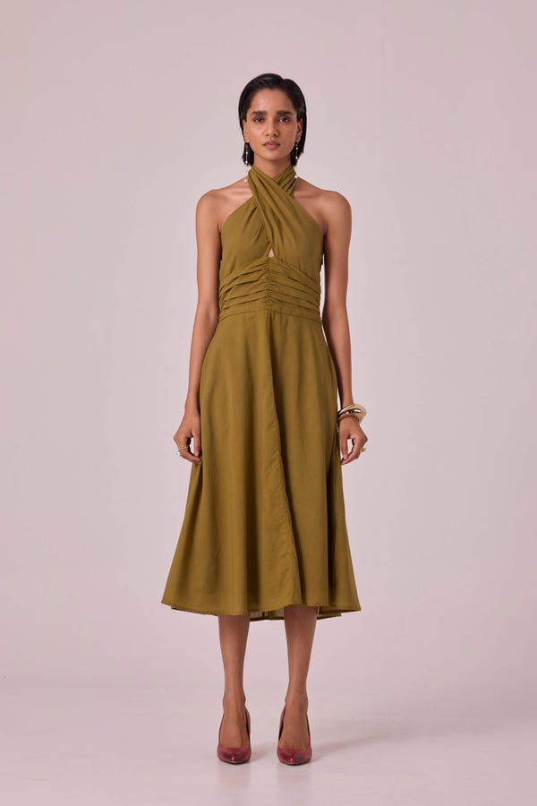 The Summer House — Samaria Olive Halter Dress