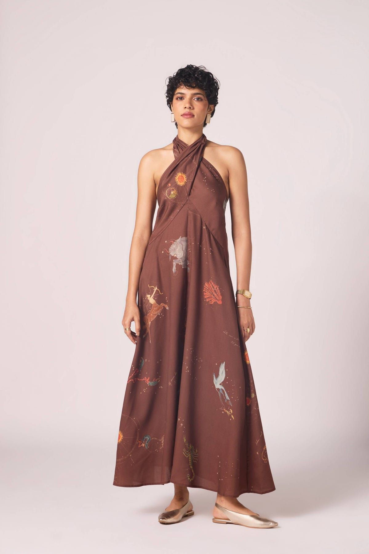 Vannam Brown Zodiac Print Halter Dress - image 1