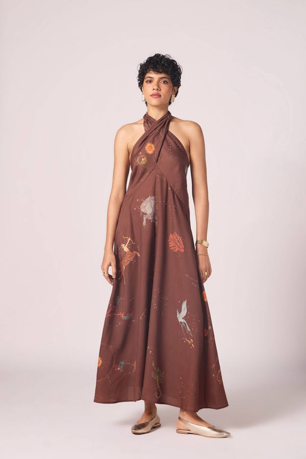 The Summer House — Vannam Brown Zodiac Print Halter Dress