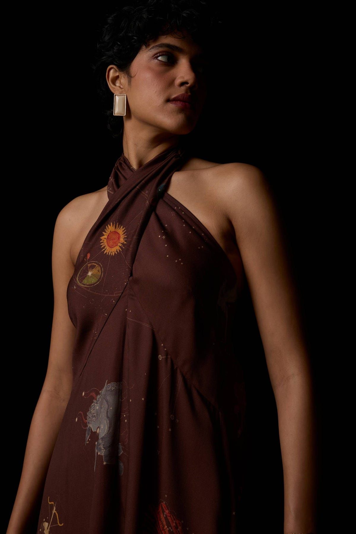 Vannam Brown Zodiac Print Halter Dress - image 14