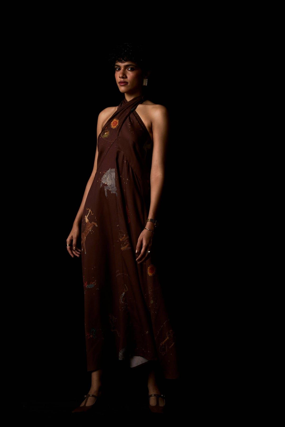 Vannam Brown Zodiac Print Halter Dress - image 15