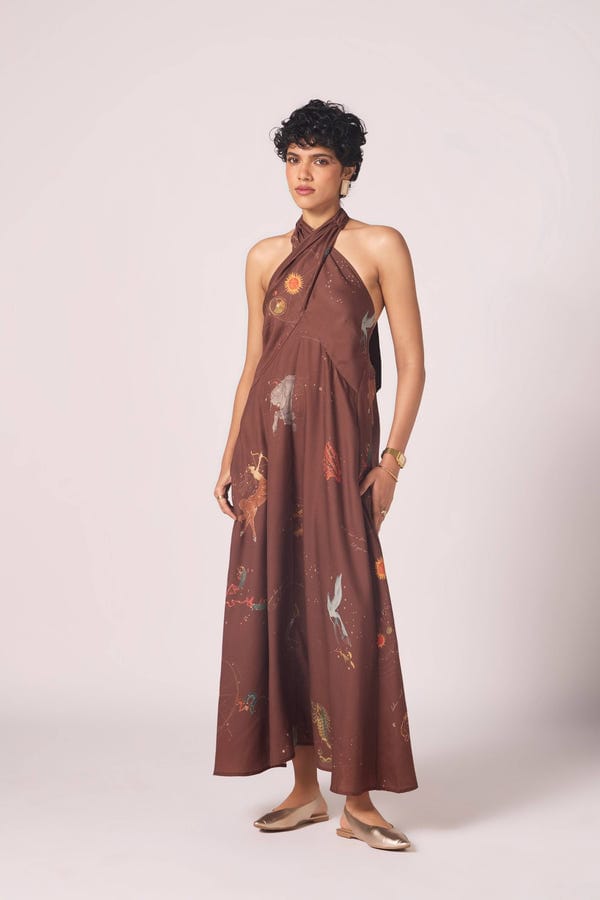The Summer House — Vannam Brown Zodiac Print Halter Dress