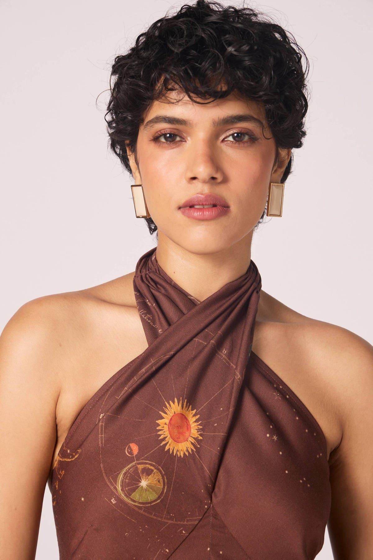 Vannam Brown Zodiac Print Halter Dress - image 4