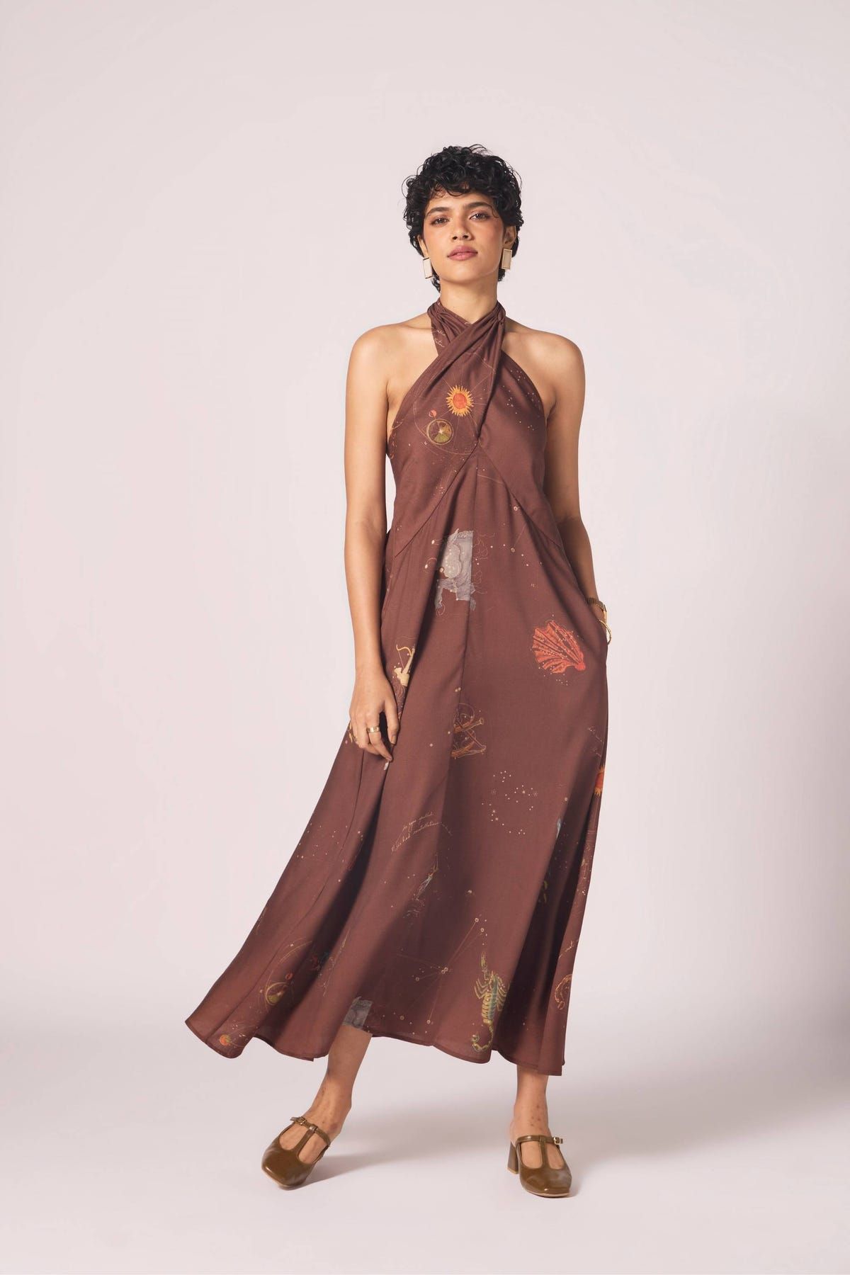 Vannam Brown Zodiac Print Halter Dress - image 5