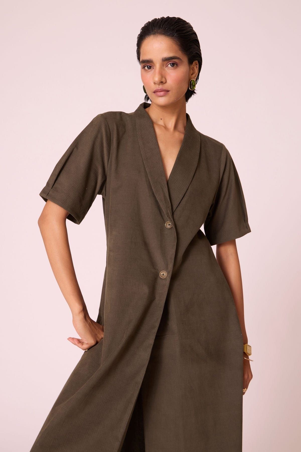Kamen Olive Needlecord Wrap Dress - image 5