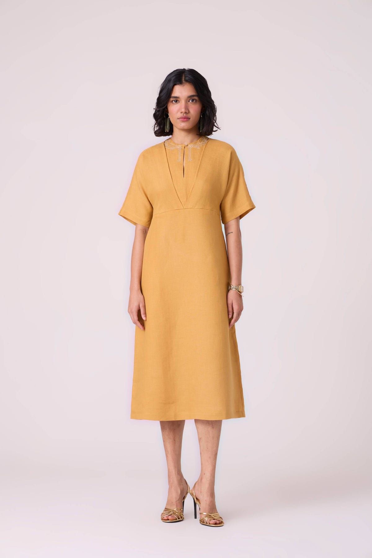 Yarina Yellow Linen Embroidered Dress - image 1