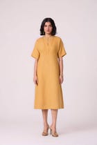 Yarina Yellow Linen Embroidered Dress view 1