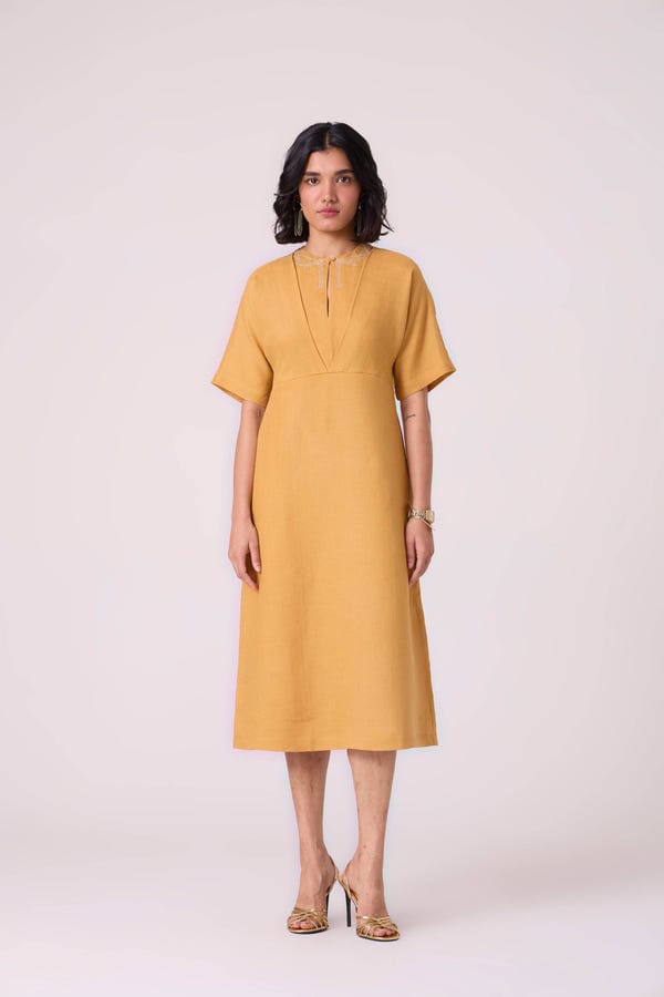 The Summer House — Yarina Yellow Linen Embroidered Dress