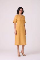 Yarina Yellow Linen Embroidered Dress view 2