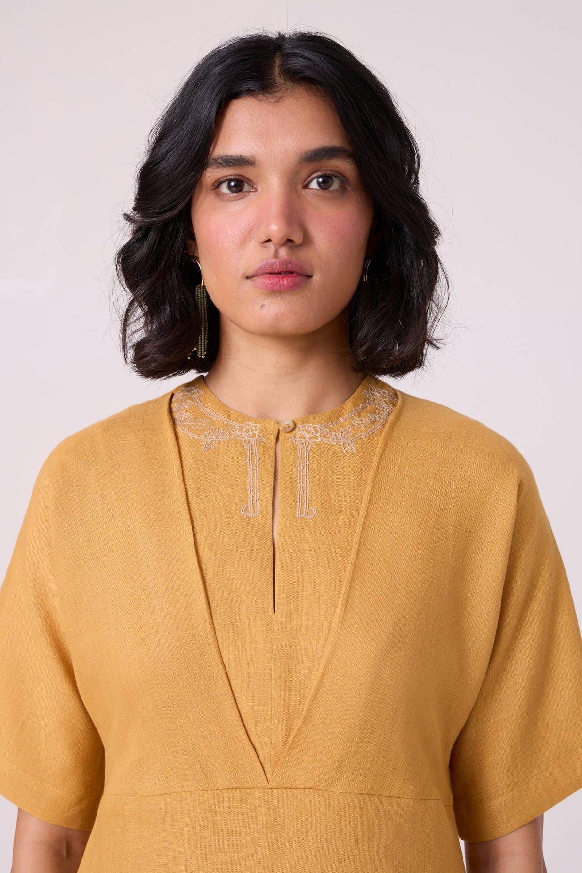 Yarina Yellow Linen Embroidered Dress - image 3