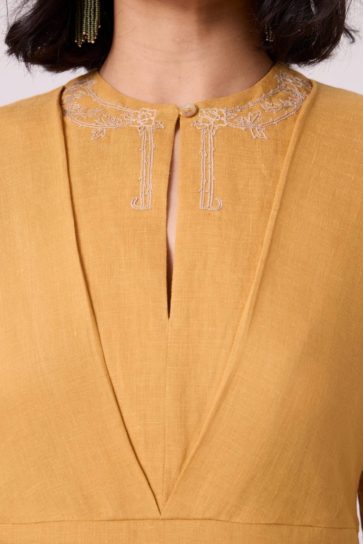 Yarina Yellow Linen Embroidered Dress - image 4