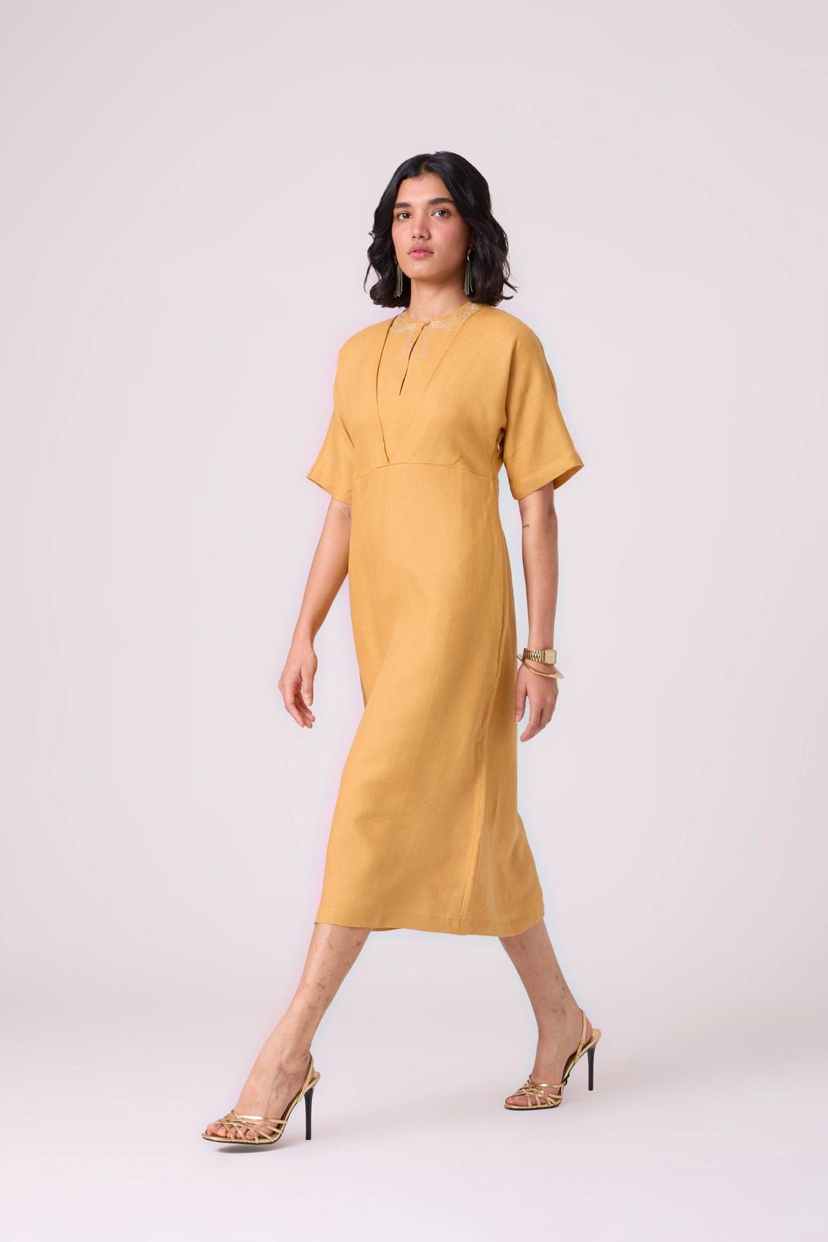 Yarina Yellow Linen Embroidered Dress - image 6
