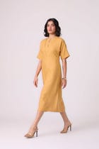 Yarina Yellow Linen Embroidered Dress view 6