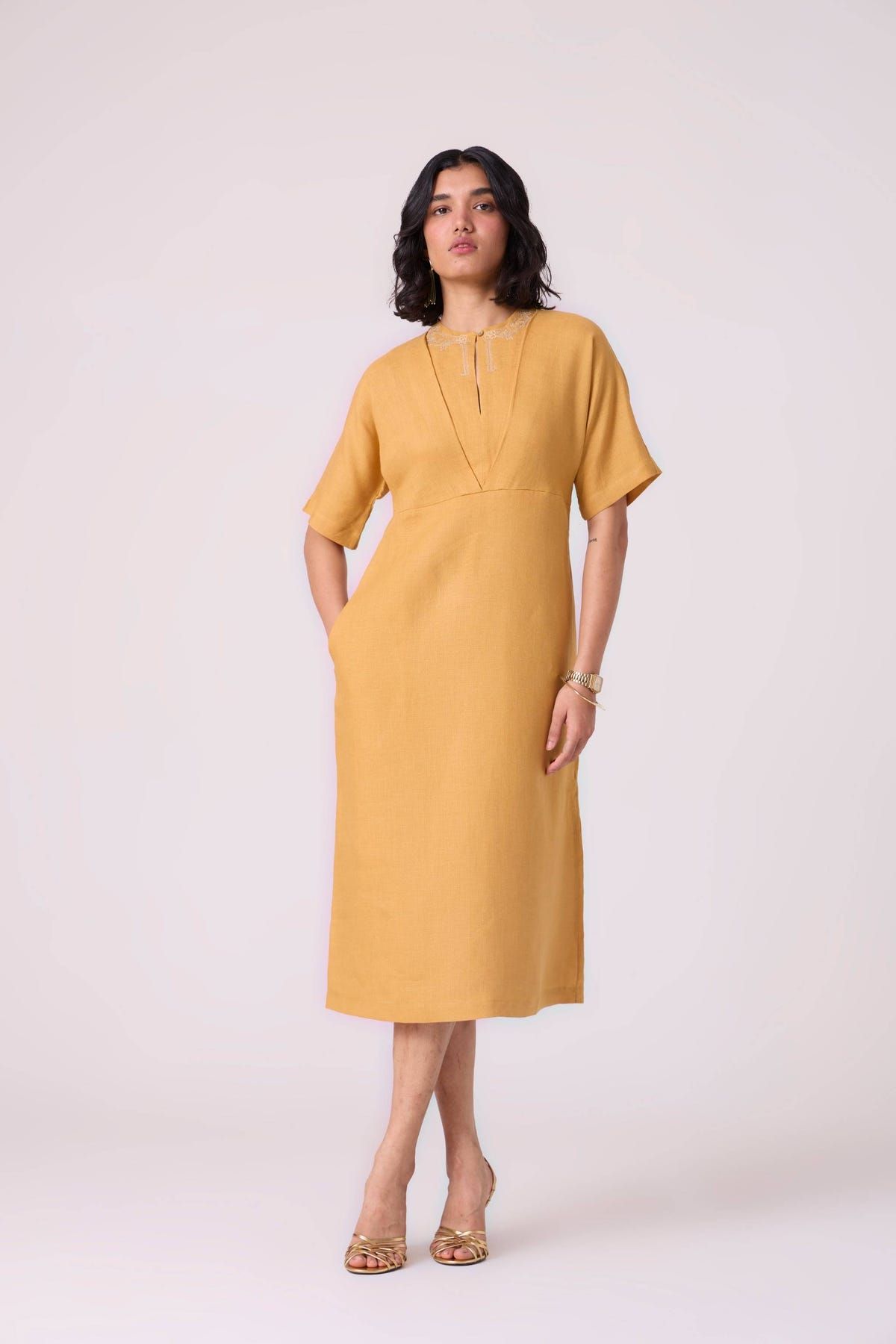 Yarina Yellow Linen Embroidered Dress - image 7