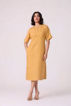 Yarina Yellow Linen Embroidered Dress view 7