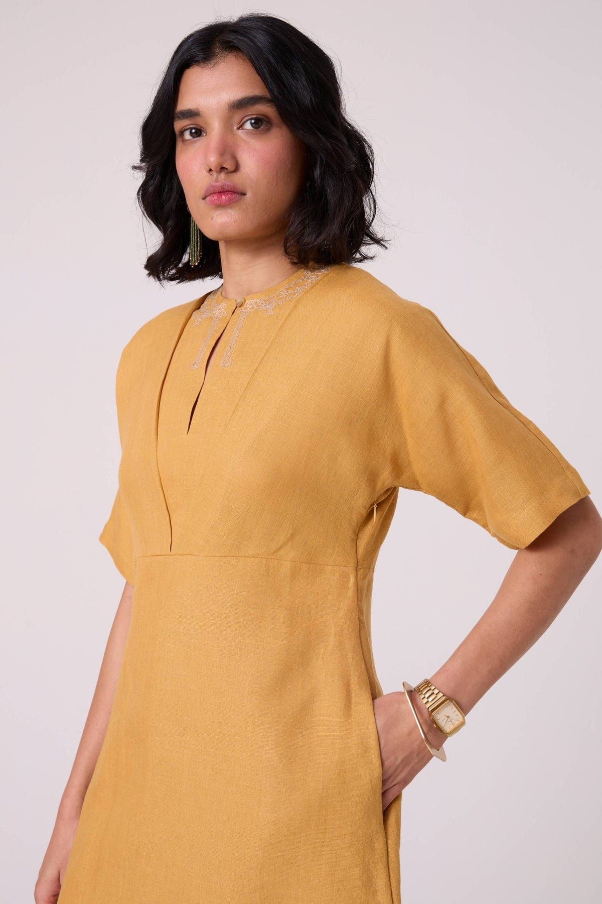 Yarina Yellow Linen Embroidered Dress - image 8