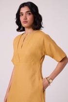 Yarina Yellow Linen Embroidered Dress view 8