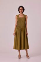 Ziva Olive Pleated Midi Dress view 1