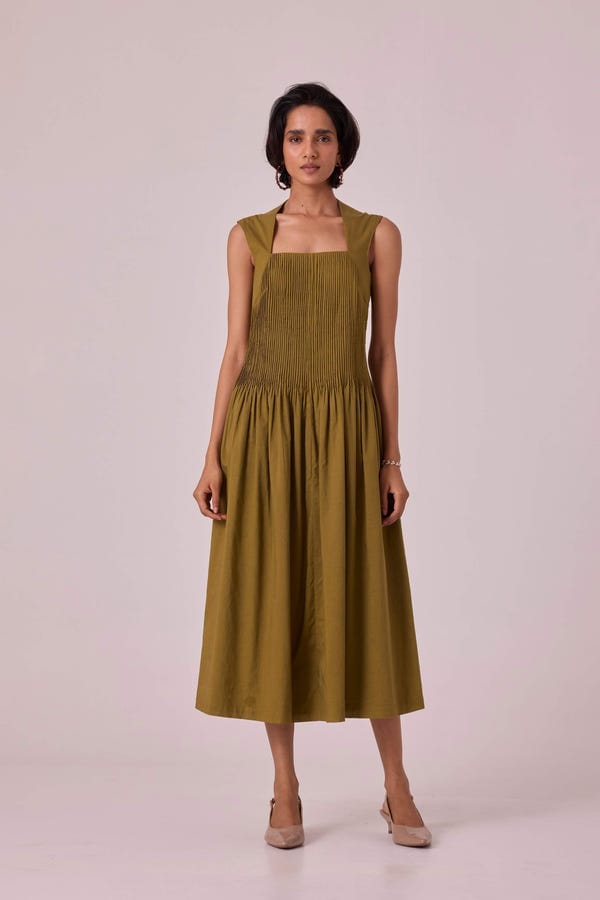 The Summer House — Ziva Olive Pleated Midi Dress