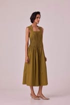 Ziva Olive Pleated Midi Dress view 2