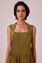 Ziva Olive Pleated Midi Dress view 3