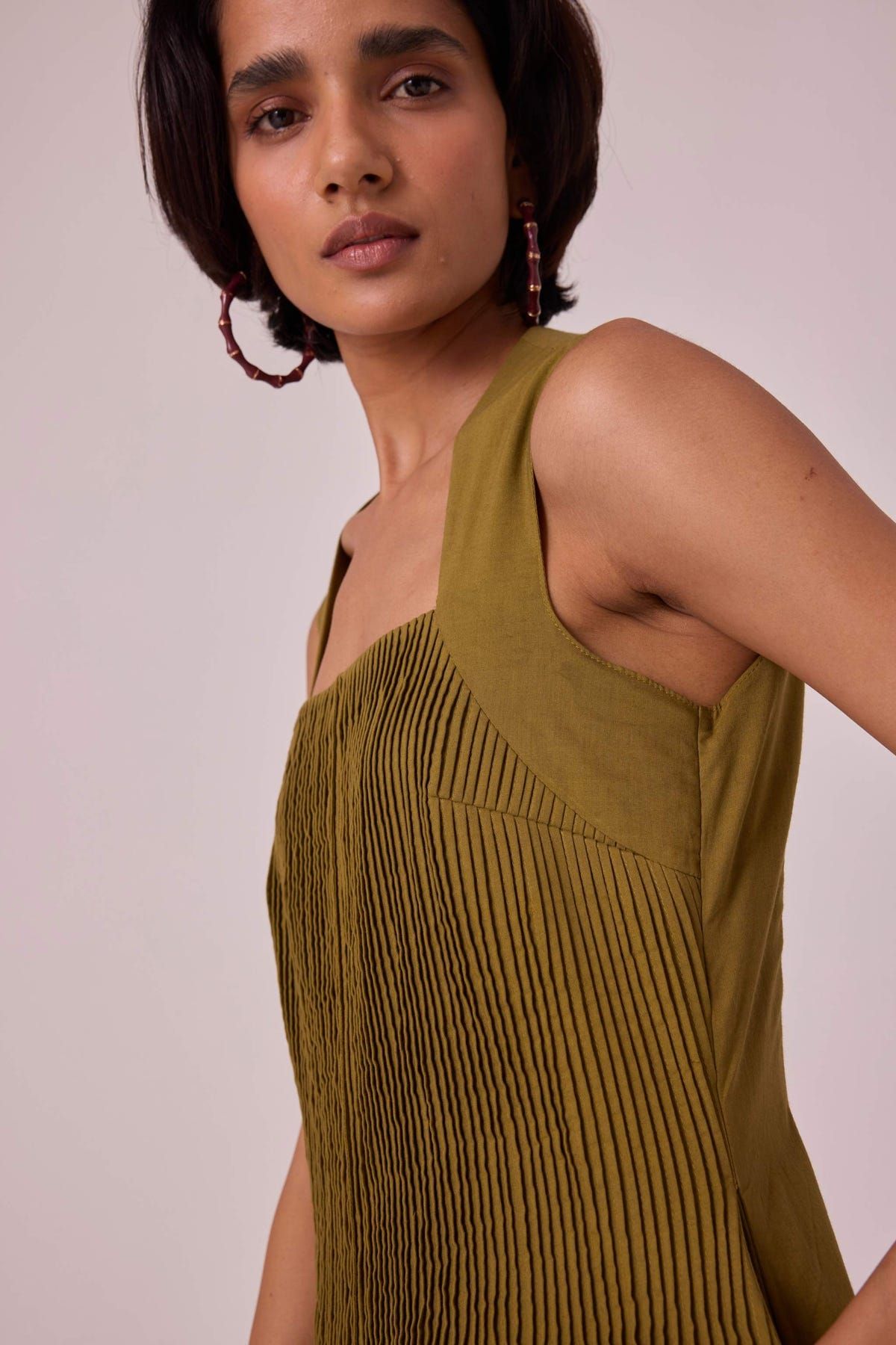 Ziva Olive Pleated Midi Dress - image 4