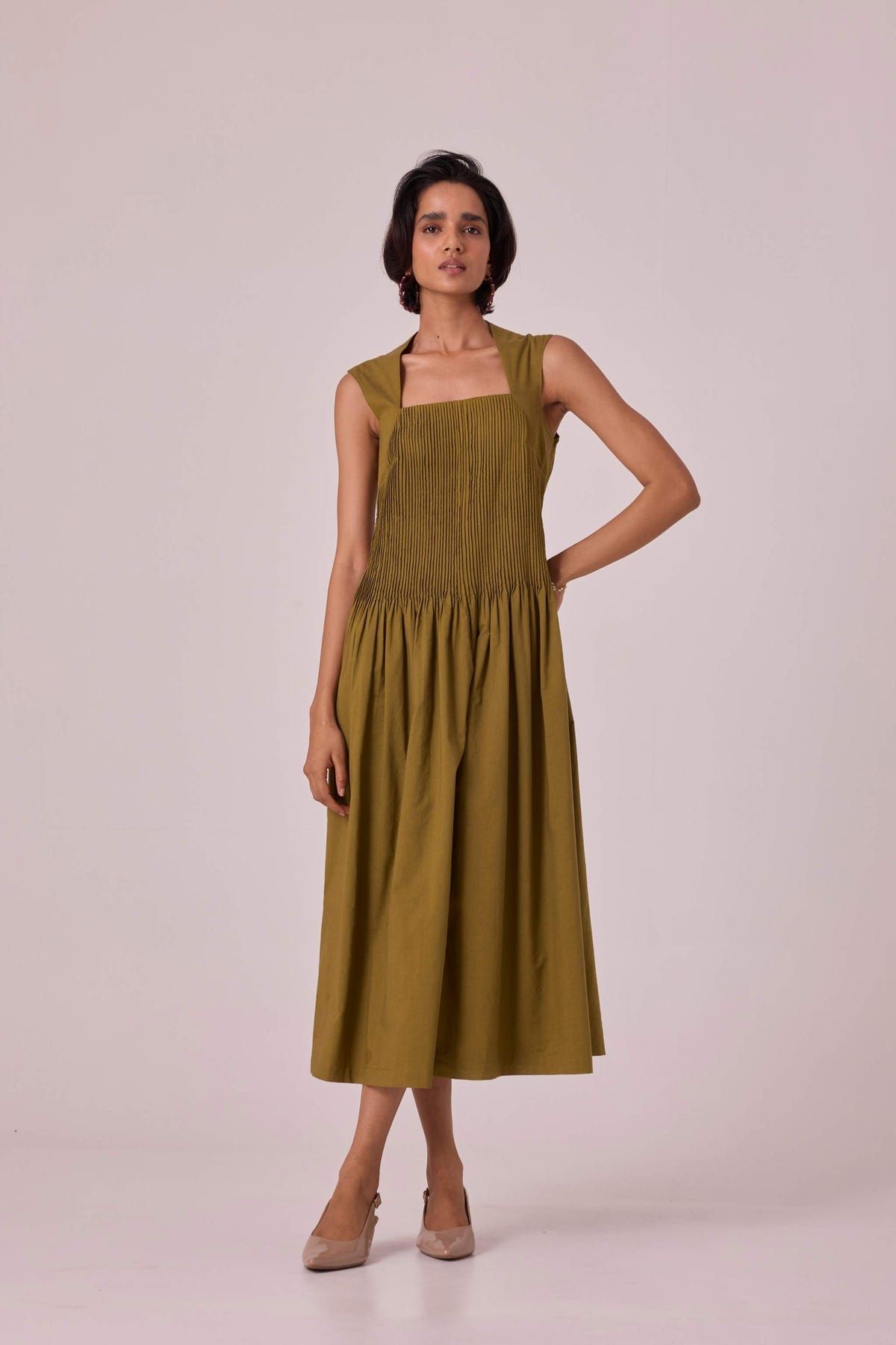Ziva Olive Pleated Midi Dress - image 7