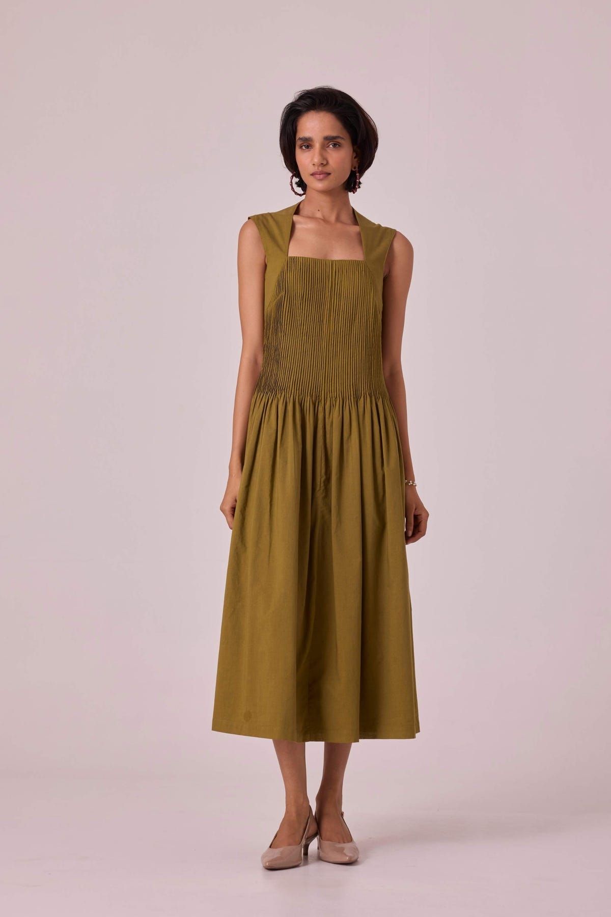 Ziva Olive Pleated Midi Dress - image 8