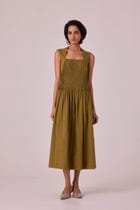Ziva Olive Pleated Midi Dress view 8