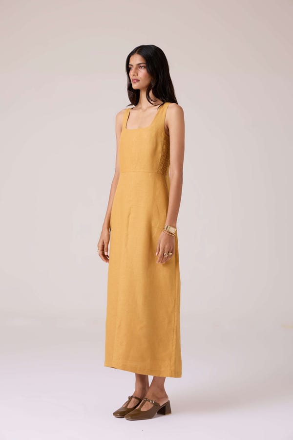 The Summer House — Glasswing Mustard Linen Dress