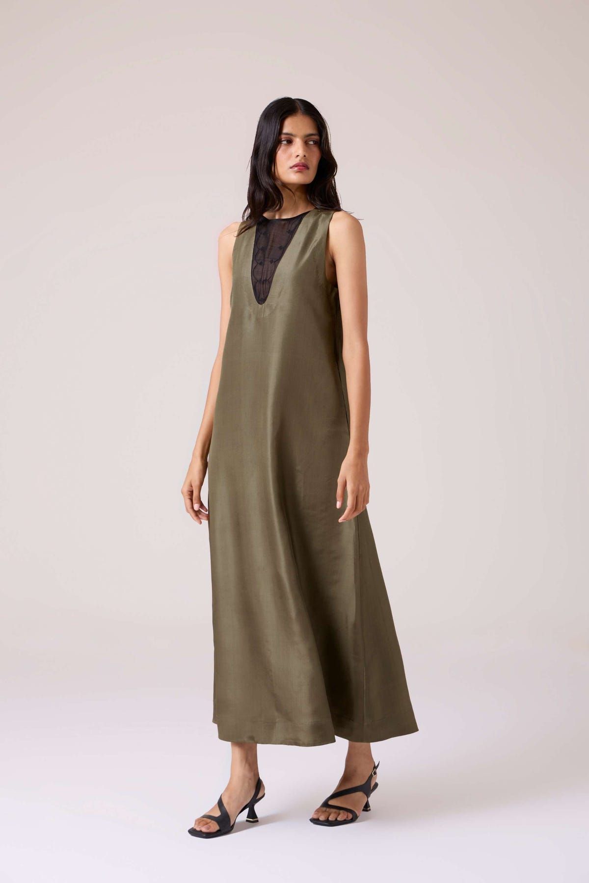 Velyra Olive Silk Dress - image 3