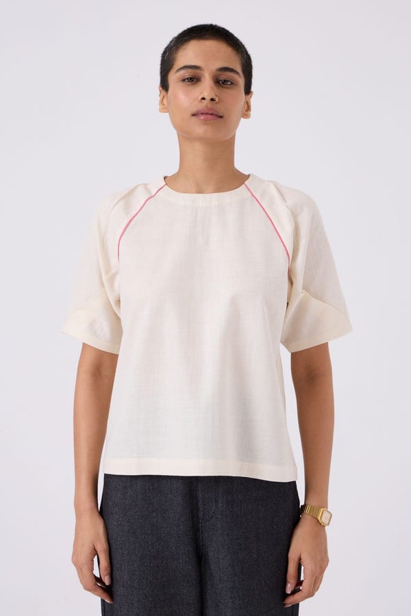 The Summer House — Loto Ivory Khadi Top With Statement Sleeve