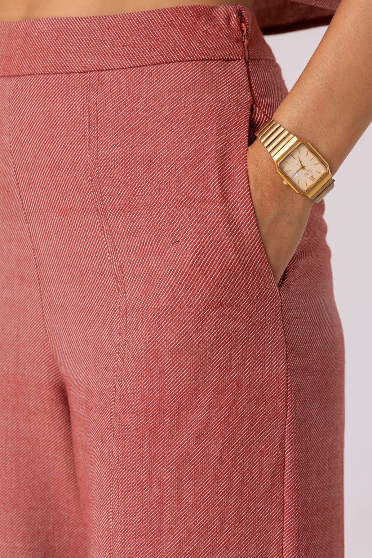 Moira Red Handwoven Denim Pants - image 6