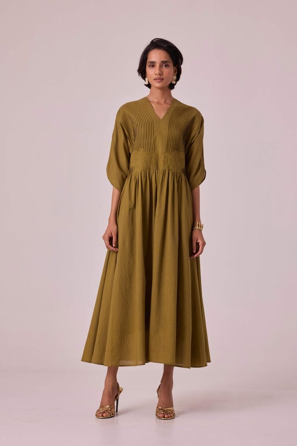 The Summer House — Kamil Olive Embroidered Maxi Dress