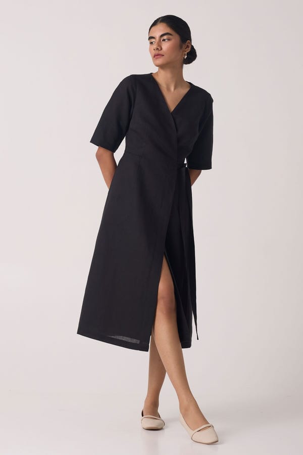 The Summer House — Arandi Black Wrap Dress with Sleeves