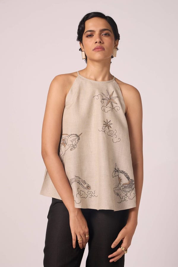 The Summer House — Maarah Beige Linen Halter Top