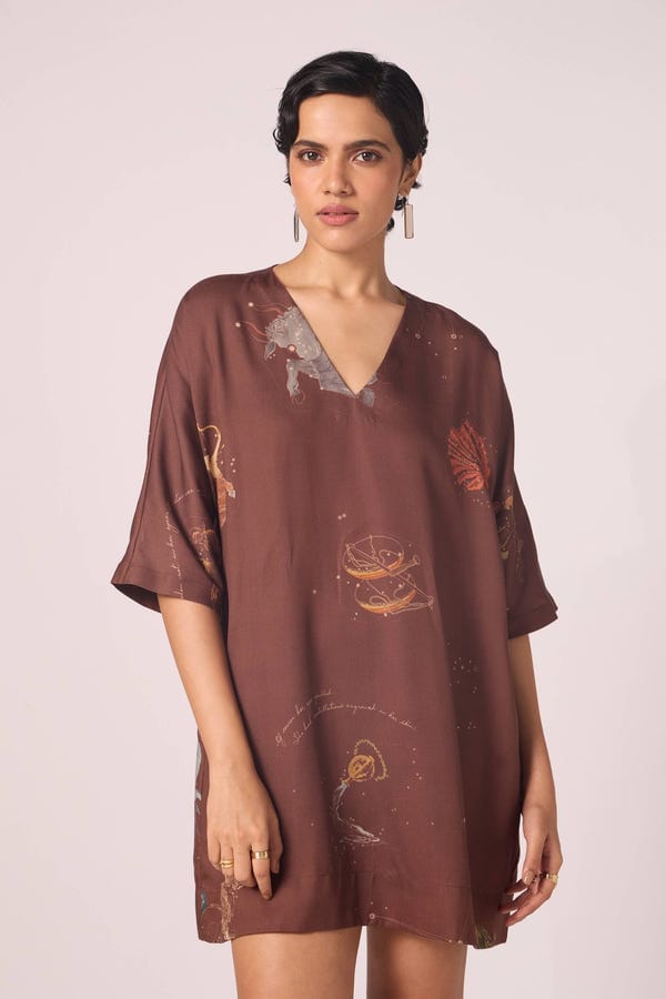 The Summer House — Stad Brown Zodiac Print Shift Dress