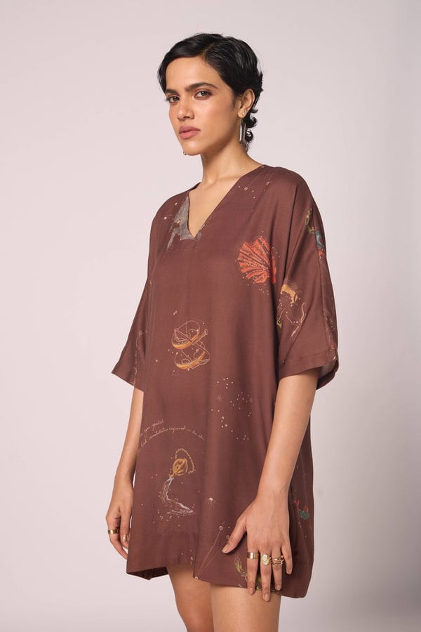 The Summer House — Stad Brown Zodiac Print Shift Dress