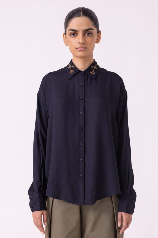 The Summer House — Norris Black Embroidered Shirt