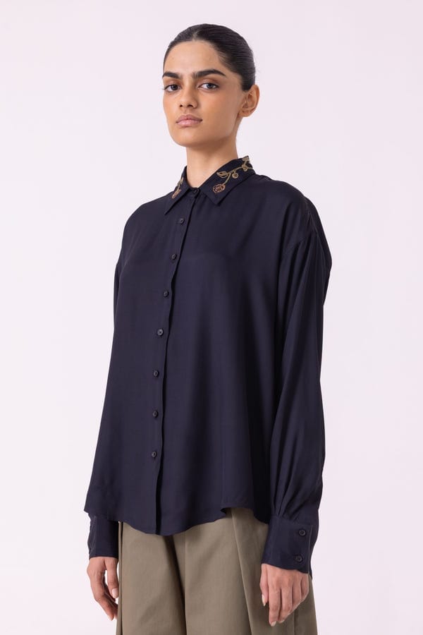 The Summer House — Norris Black Embroidered Shirt