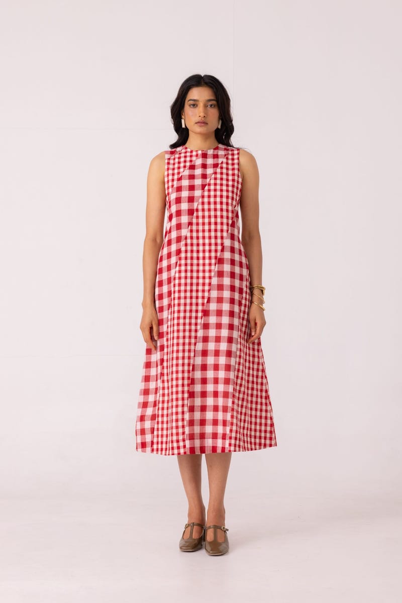 Waltz Red Checkered Handwoven Dress