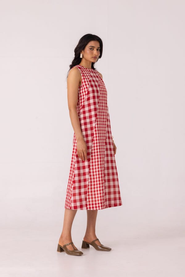 The Summer House — Waltz Red Checkered Handwoven Dress