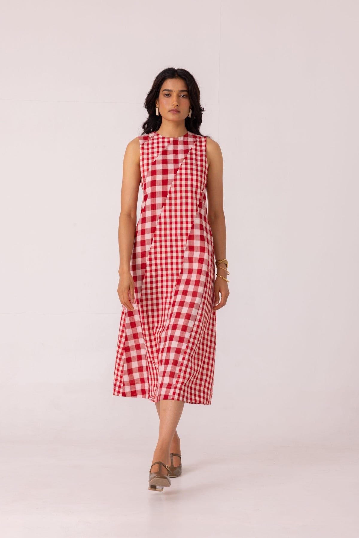 Waltz Red Checkered Handwoven Dress - image 9