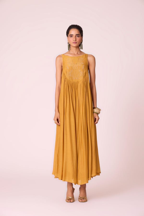 The Summer House — Zvuk Yellow Embroidered Maxi Dress