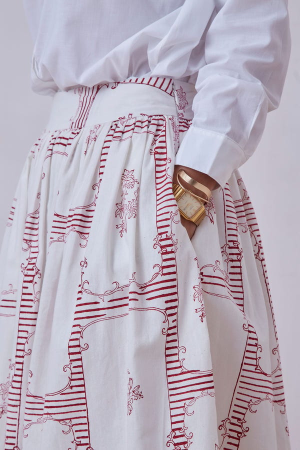 The Summer House — Maud Red Hand Printed Skirt