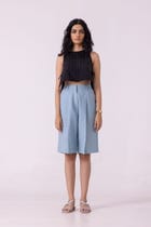 March Blue Linen Pleated Shorts view 1